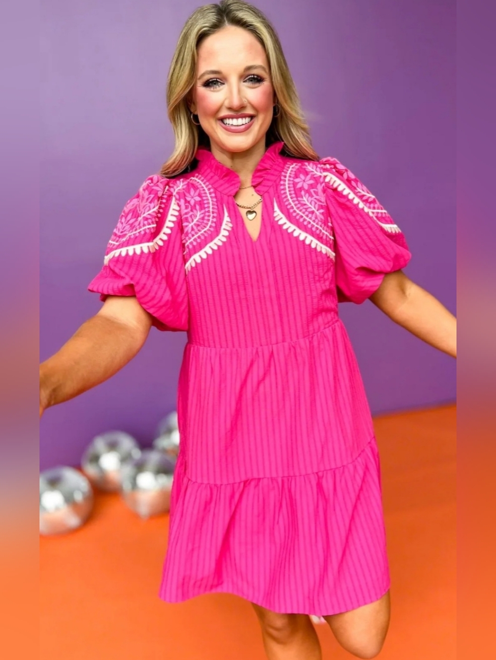 THML Embroidered detail frill V neck puff sleeve Tiered Dress size XL - Picture 4 of 14